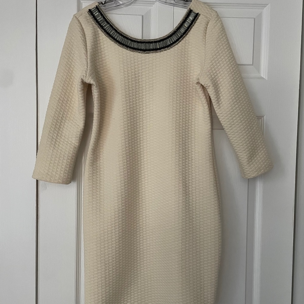Cream Colored Dress with Beaded Neckline
